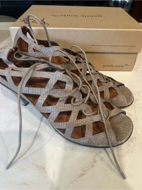 gentle souls Taupe Woven Lace-Up Cutout Heels